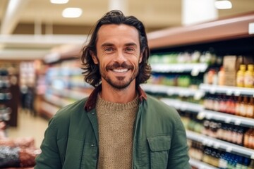 Portrait of handsome man looking at camera while standing in grocery store