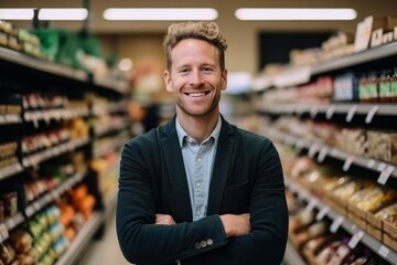 Medium shot portrait photography of a pleased man in his 30s that is wearing a chic cardigan against a supermarket checkout background .  Generative AI