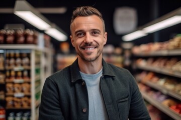 Portrait of smiling man looking at camera while standing in grocery store