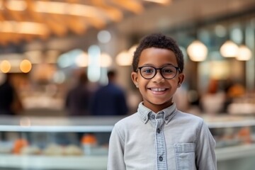 Fototapeta premium Portrait of smiling boy in eyeglasses standing in shopping mall