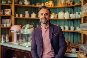 Fototapeta premium Portrait of handsome man standing in pottery shop and looking at camera