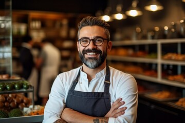 Portrait of a smiling male staff standing with arms crossed in a bakery
