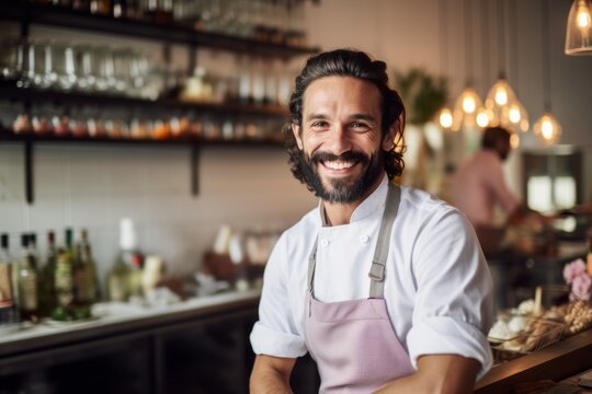 Medium shot portrait photography of a pleased man in his 30s that is wearing a chic cardigan against a well-stocked gourmet kitchen with a chef at work background .  Generative AI