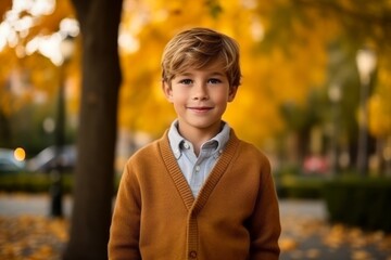 Portrait of a cute little boy standing in the autumn park.