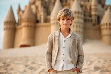 Fototapeta na wymiar Portrait of a boy standing in front of a castle on the beach