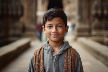 Portrait of cute indian boy smiling at camera in the street