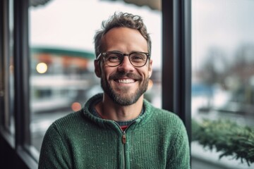 Medium shot portrait photography of a pleased man in his 30s that is wearing a cozy sweater against a glass or window reflection background .  Generative AI