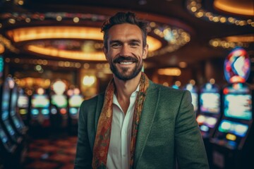 Medium shot portrait photography of a pleased man in his 30s that is wearing a foulard against a casino or gaming floor background .  Generative AI