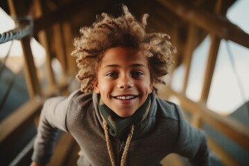 Medium shot portrait photography of a satisfied child male that is wearing a chic cardigan against an adrenaline-pumping bungee jumping platform background .  Generative AI
