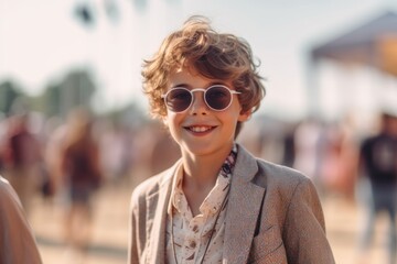Portrait of a cute little boy in sunglasses and a jacket.