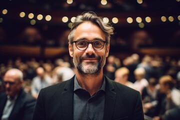 Obraz premium Portrait of a handsome man with glasses standing in front of a business conference