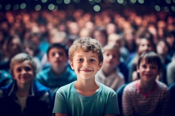 Fototapeta premium Medium shot portrait photography of a satisfied child male that is wearing a pair of leggings or tights against a crowded concert hall during a live performance background . Generative AI