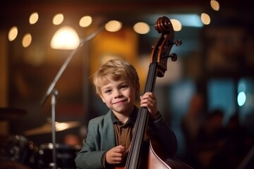 Fototapeta premium Cute little boy playing the cello at the music school.