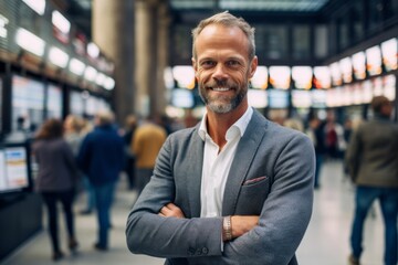 Naklejka premium Portrait of smiling mature businessman standing with arms crossed in subway station