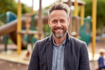 Medium shot portrait photography of a pleased man in his 40s that is wearing a chic cardigan against a children's playground with parents and kids background .  Generative AI