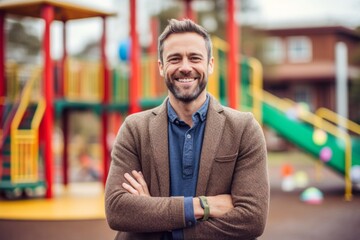 Fototapeta premium Portrait of a smiling man standing with arms crossed at the playground