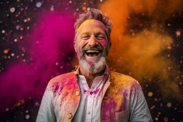 Portrait of a happy man with a beard covered with colored powder. Holi festival.