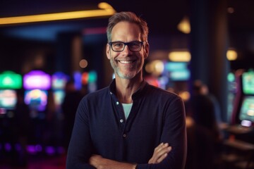 Fototapeta premium Portrait of smiling man with arms crossed standing in casino at night