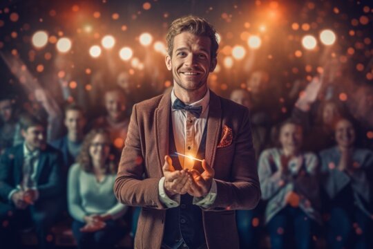 Medium shot portrait photography of a satisfied man in his 30s that is wearing a chic cardigan against a captivating magic show with illusionist and audience background .  Generative AI