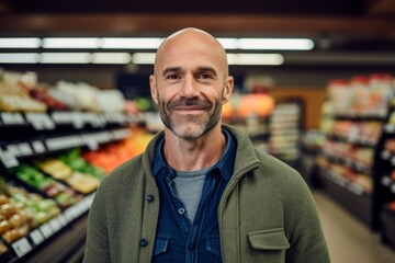Portrait of mature man smiling at camera while standing in grocery store