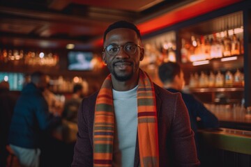 Handsome african american man in glasses and scarf standing in pub