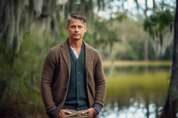 Medium shot portrait photography of a pleased man in his 40s that is wearing a chic cardigan against a swampy or bayou background .  Generative AI