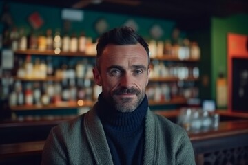 Fototapeta premium Portrait of handsome man in sweater sitting at bar counter in pub