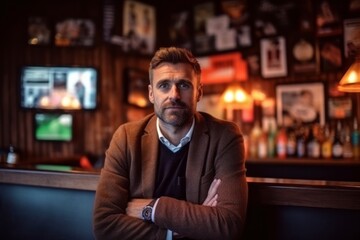 Portrait of confident businessman standing with arms crossed at counter in pub