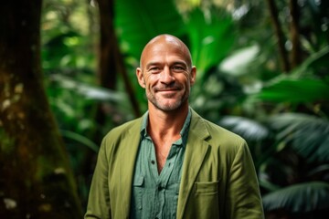 Portrait of a handsome bald man smiling at the camera in the jungle