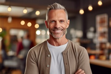 Medium shot portrait photography of a pleased man in his 40s that is wearing a chic cardigan against a yoga studio or wellness background .  Generative AI