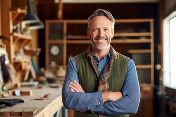 Portrait of confident mature carpenter standing with arms crossed in workshop
