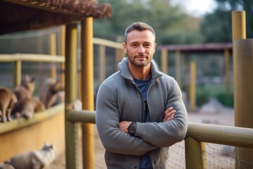 Portrait of confident man standing with arms crossed in animal shelter.
