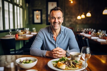 Portrait of a smiling man sitting at a table in a restaurant