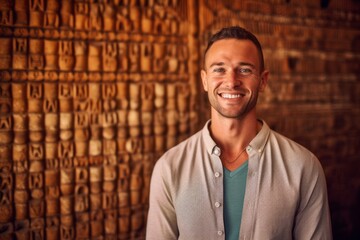 Portrait of a handsome young man smiling at camera in a restaurant