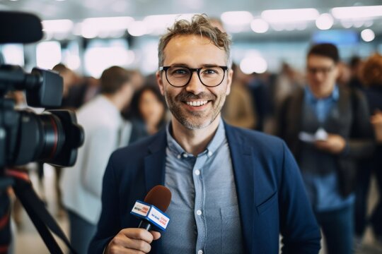 Medium shot portrait photography of a pleased man in his 40s that is wearing a pair of leggings or tights against a busy newsroom with journalists and cameras background .  Generative AI