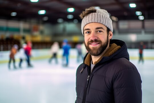 Portrait of a young man with ice skates in the background