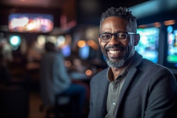 Fototapeta premium Portrait of handsome African-American man smiling and looking at camera in casino