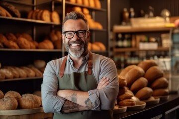 Portrait of smiling mature male baker standing with arms crossed in bakery
