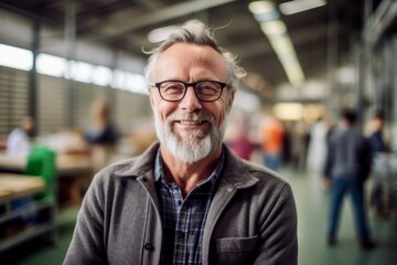 Fototapeta premium Medium shot portrait photography of a pleased man in his 50s that is wearing a chic cardigan against a busy factory assembly line with workers background . Generative AI