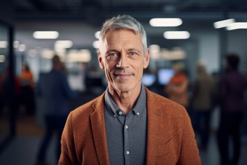 Medium shot portrait photography of a pleased man in his 50s that is wearing a chic cardigan against a busy newsroom with journalists and cameras background .  Generative AI