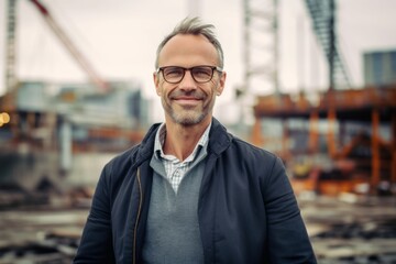 Portrait of handsome mature man in casual clothes and eyeglasses looking at camera while standing on construction site
