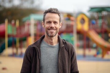 Portrait of handsome middle-aged man smiling at camera on playground