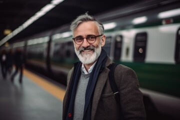 Portrait of senior man standing at train station and looking at camera