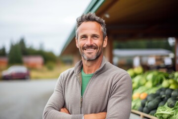 Fototapeta premium Portrait of smiling mature man standing with arms crossed at farmers market