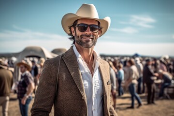 Medium shot portrait photography of a satisfied man in his 40s that is wearing a chic cardigan against a rodeo event with cowboys and horses background .  Generative AI