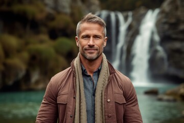 Medium shot portrait photography of a satisfied man in his 40s that is wearing a chic cardigan against a river or waterfall background .  Generative AI