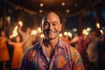 Medium shot portrait photography of a satisfied man in his 40s that is wearing a chic cardigan against a scenic hawaiian luau with performers and fire dancers background .  Generative AI - obrazy, fototapety, plakaty