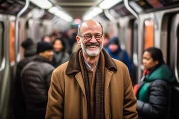 Senior man traveling by subway train, looking at camera and smiling.