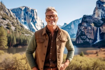 Handsome middle-aged man in the Yosemite National Park, California, USA