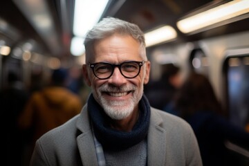 Medium shot portrait photography of a pleased man in his 50s that is wearing a chic cardigan against a packed subway car during a rush hour background .  Generative AI